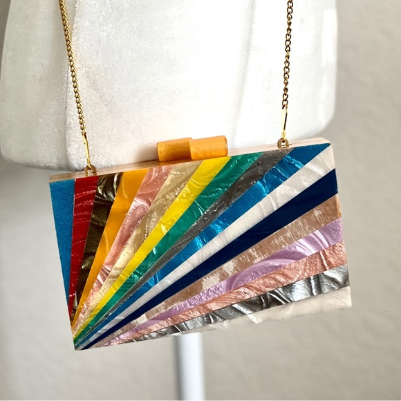 Handbags - Wood Acrylic Inlay Box Purse Clutch Rainbow Sunburst Design Gold Chain Strap